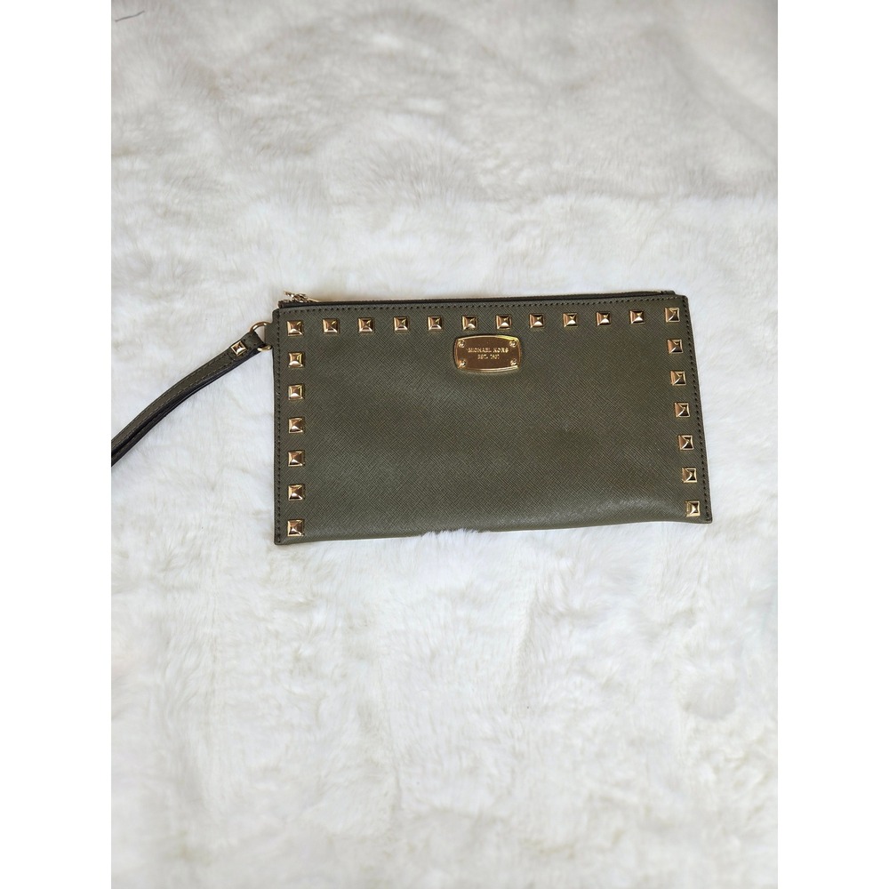 Michael Kors Selma Olive Green Saffiano Leather Studded Wristlet Clutch Bag